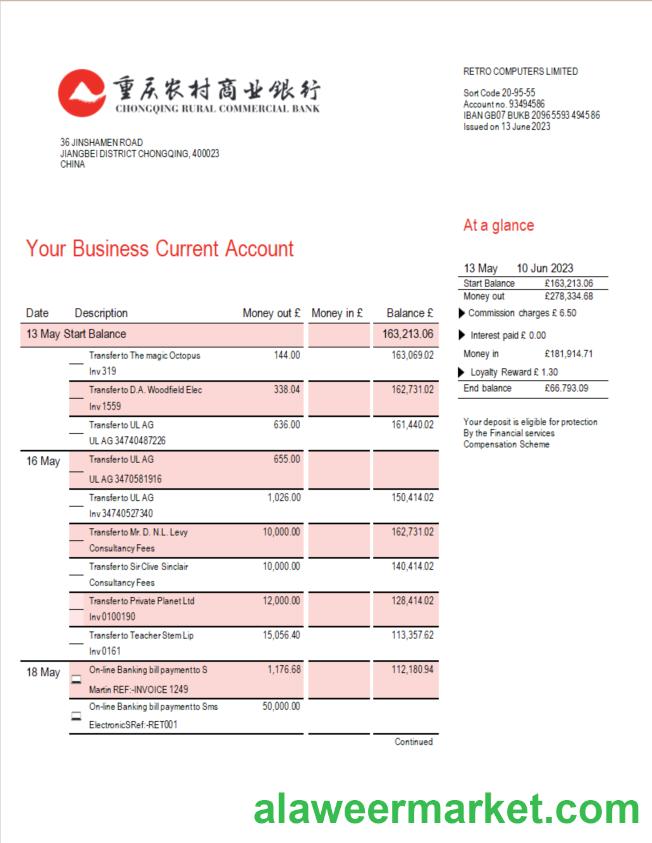 Chongqing Rural Commercial Bank firm account statement Word and PDF template